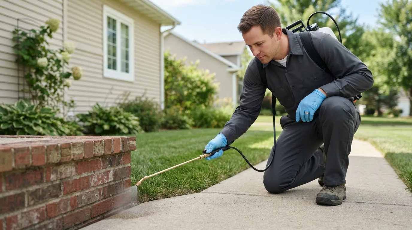 Pest control technician treating a home near Bairdford, PA
